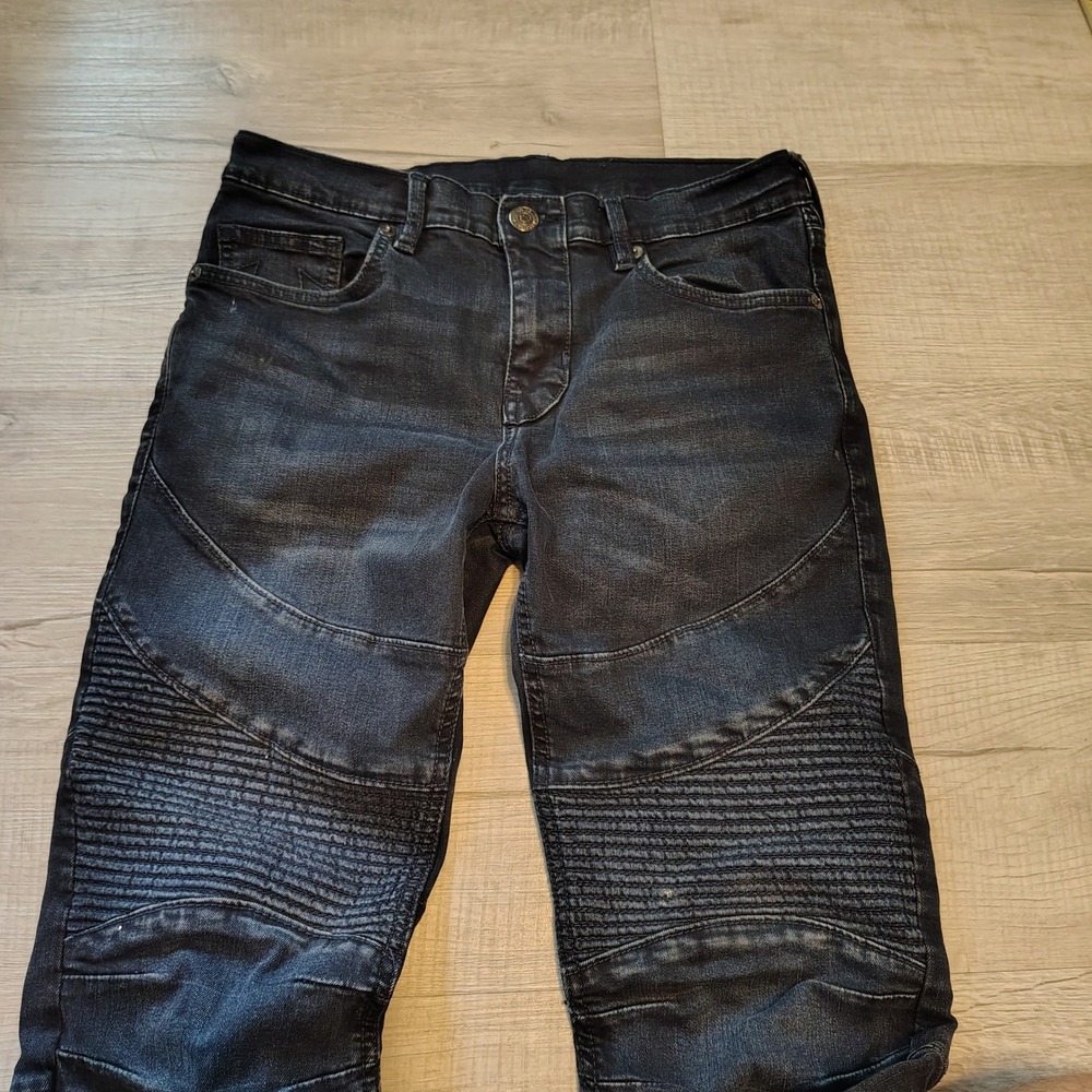 True Religion Rocco Relaxed Skinny Moto Jeans Black Ribbed Knee Mens 31